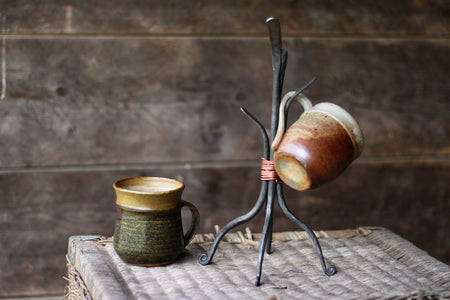 a blacksmith hand forged coffee mug and tea cup display tree by Wicks Forge