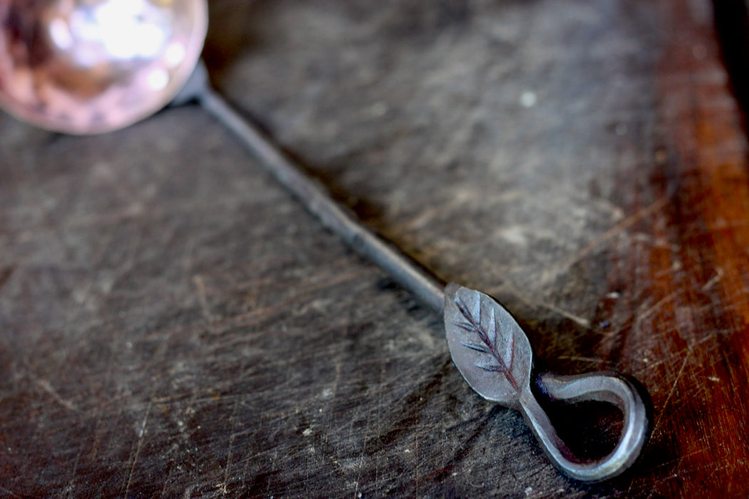 leaf handle of a copper and steel ladle by Wicks Forge