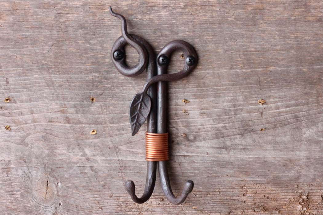 Steel and Copper Double Wall Hook - Leaf and Vine