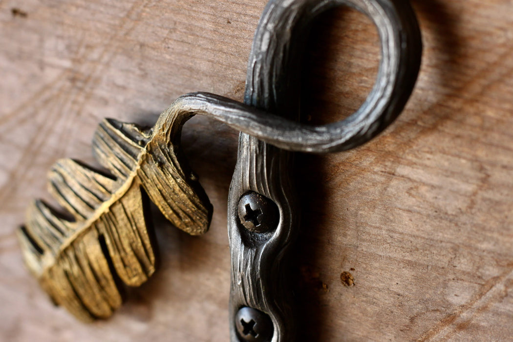 a blacksmith hand forged oak leaf hook from the Wicks Forge Limited Series