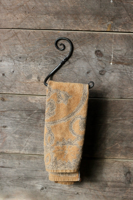 a blacksmith hand forged scrolled towel rack by Wicks Forge