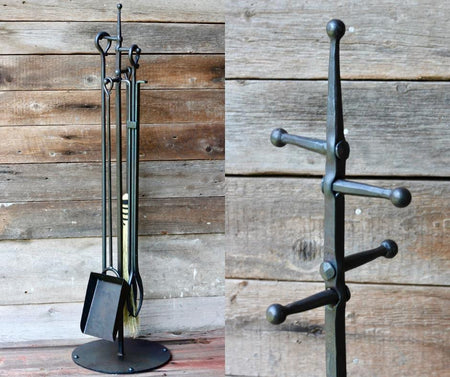 fire toolsannd stand with a wooden wall background 