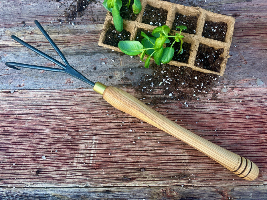 garden fork with long wooden handle and basil plants in a punnet on a wooden surface 