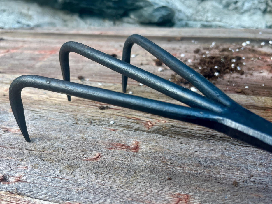 prongs of a garden rake on a wooden surface with soil debris in the background by wicks forge 