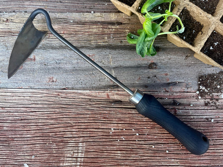Gardening tool with a black handle on a wooden surface next to a small plant in a seed tray.