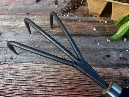 a black rake on a wooden surface with a plant in the background 