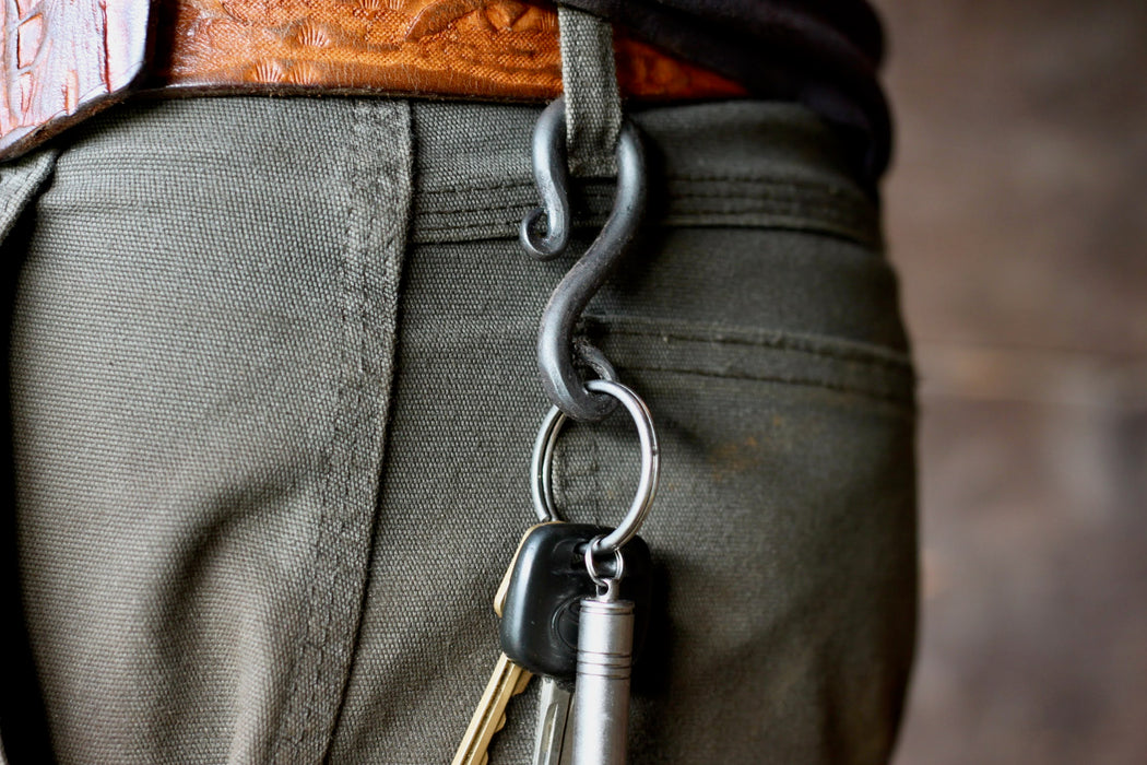a blacksmith hand forged belt-loop keychain by Wicks Forge