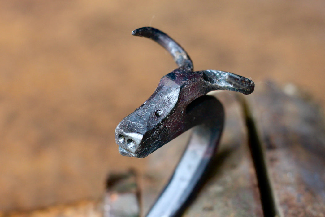 A blacksmith hand forged Bull style animal head hook by Wicks Forge