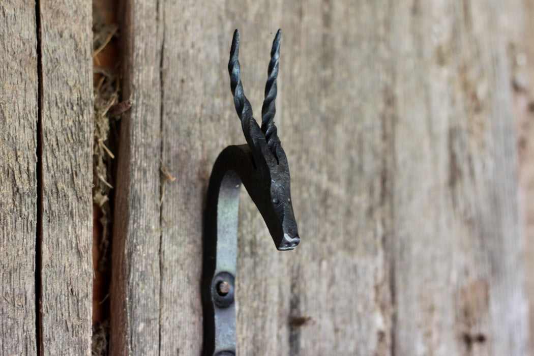 A blacksmith hand forged Gazelle style animal head hook by Wicks Forge
