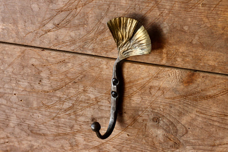 a blacksmith hand forged hook with a Ginko Leaf detail from the Wicks Forge Limited Series