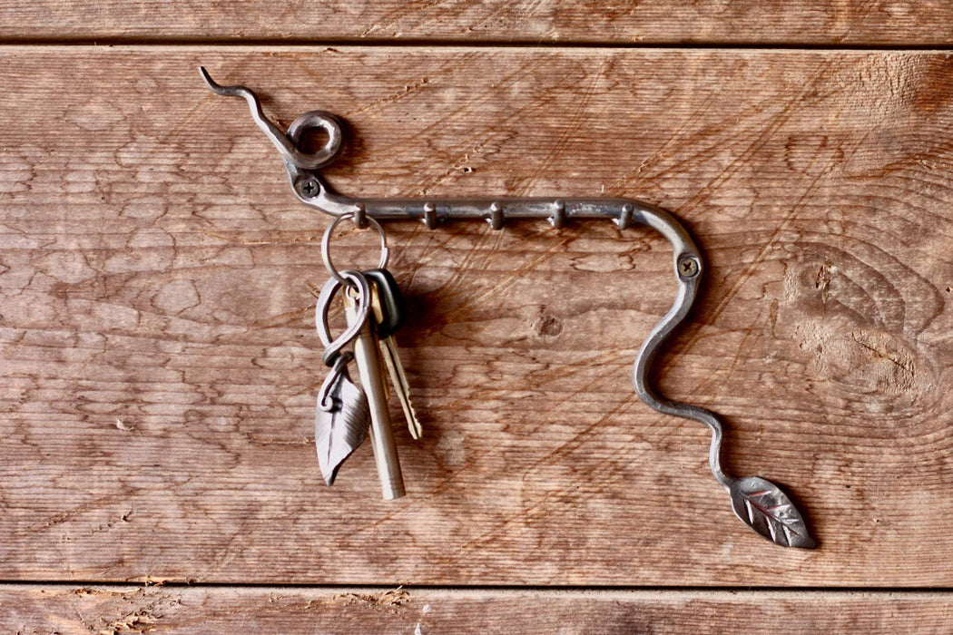 a blacksmith hand forged leafy key rack by Wicks Forge