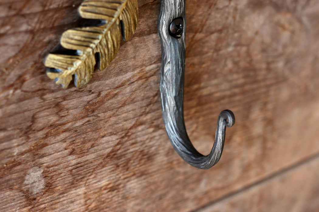 a blacksmith hand forged oak leaf hook from the Wicks Forge Limited Series
