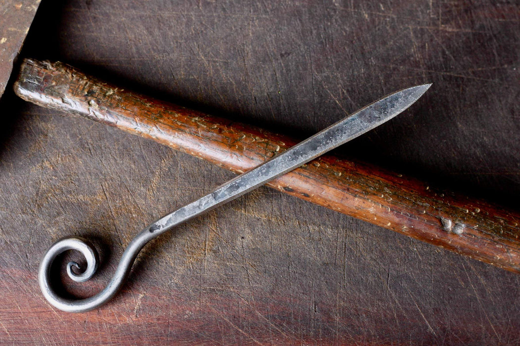 a blacksmith hand forged personalized letter opener with a spiral scroll handle by Wicks Forge