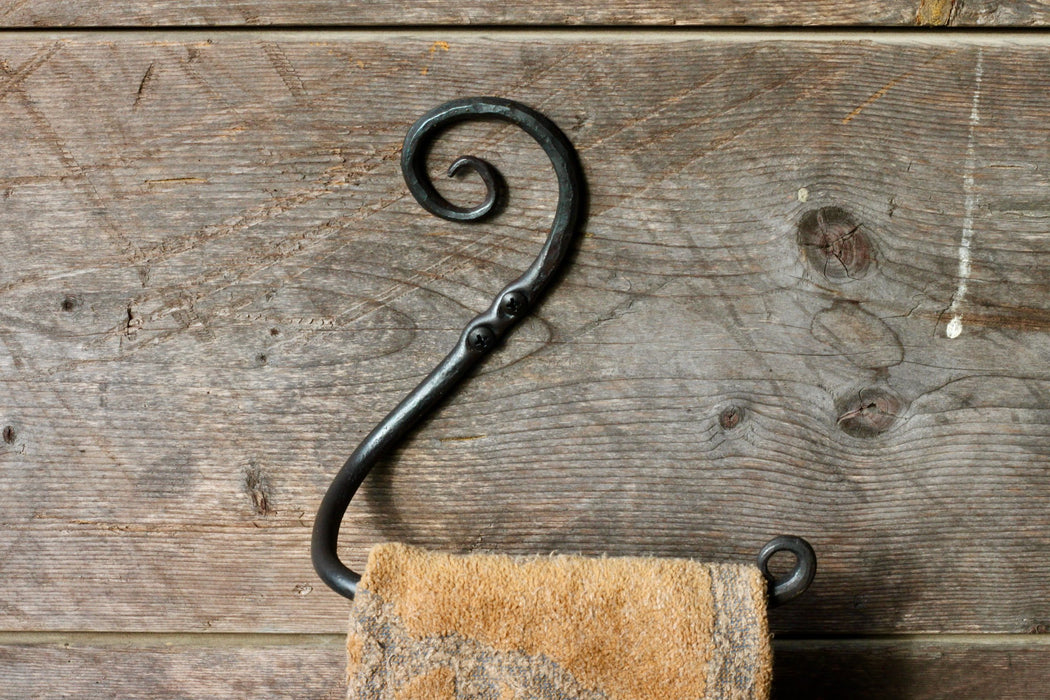 a blacksmith hand forged scrolled towel rack by Wicks Forge